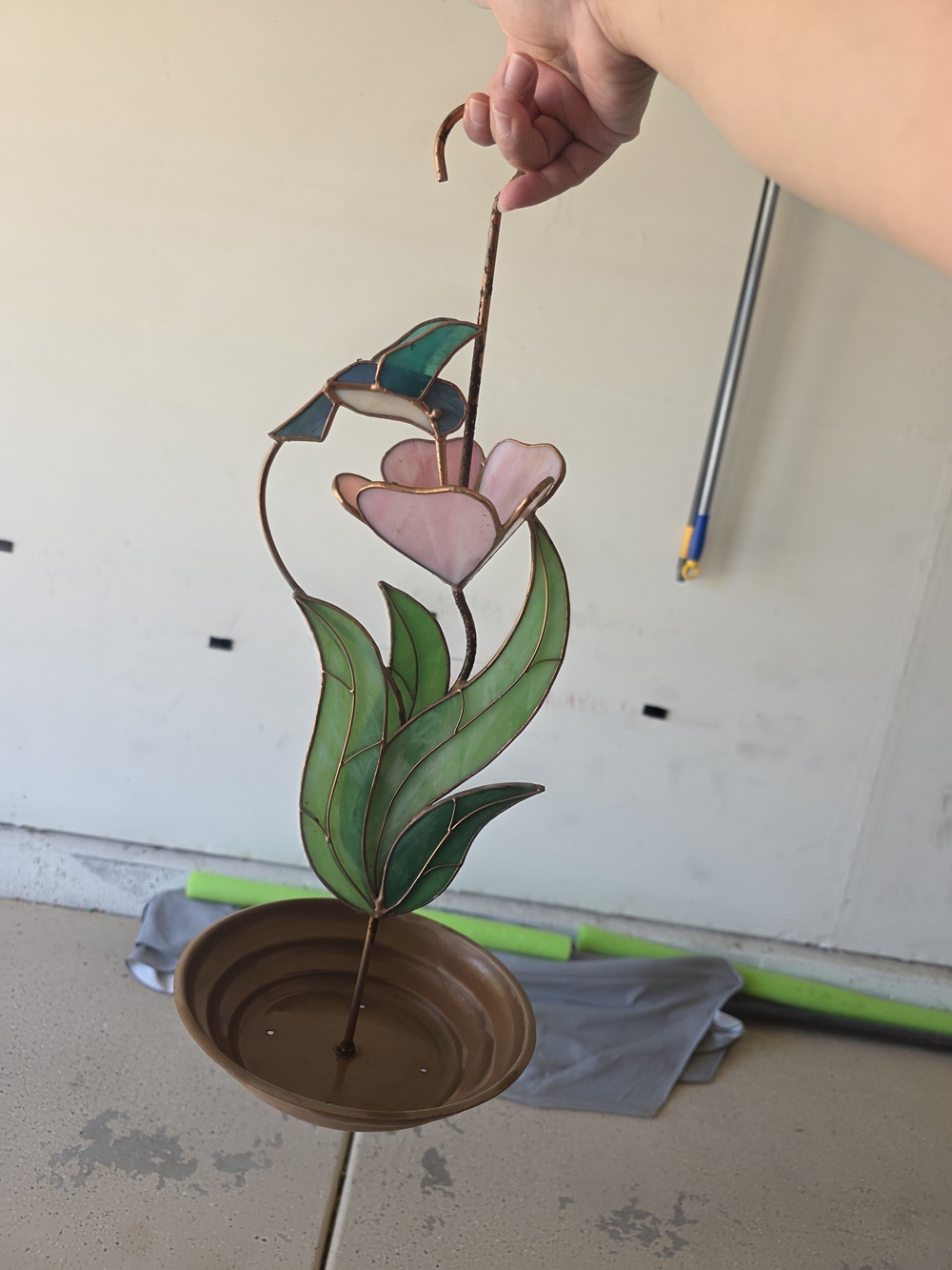 Handcrafted Pink & Green Stained Glass Tulip Hanging Accent